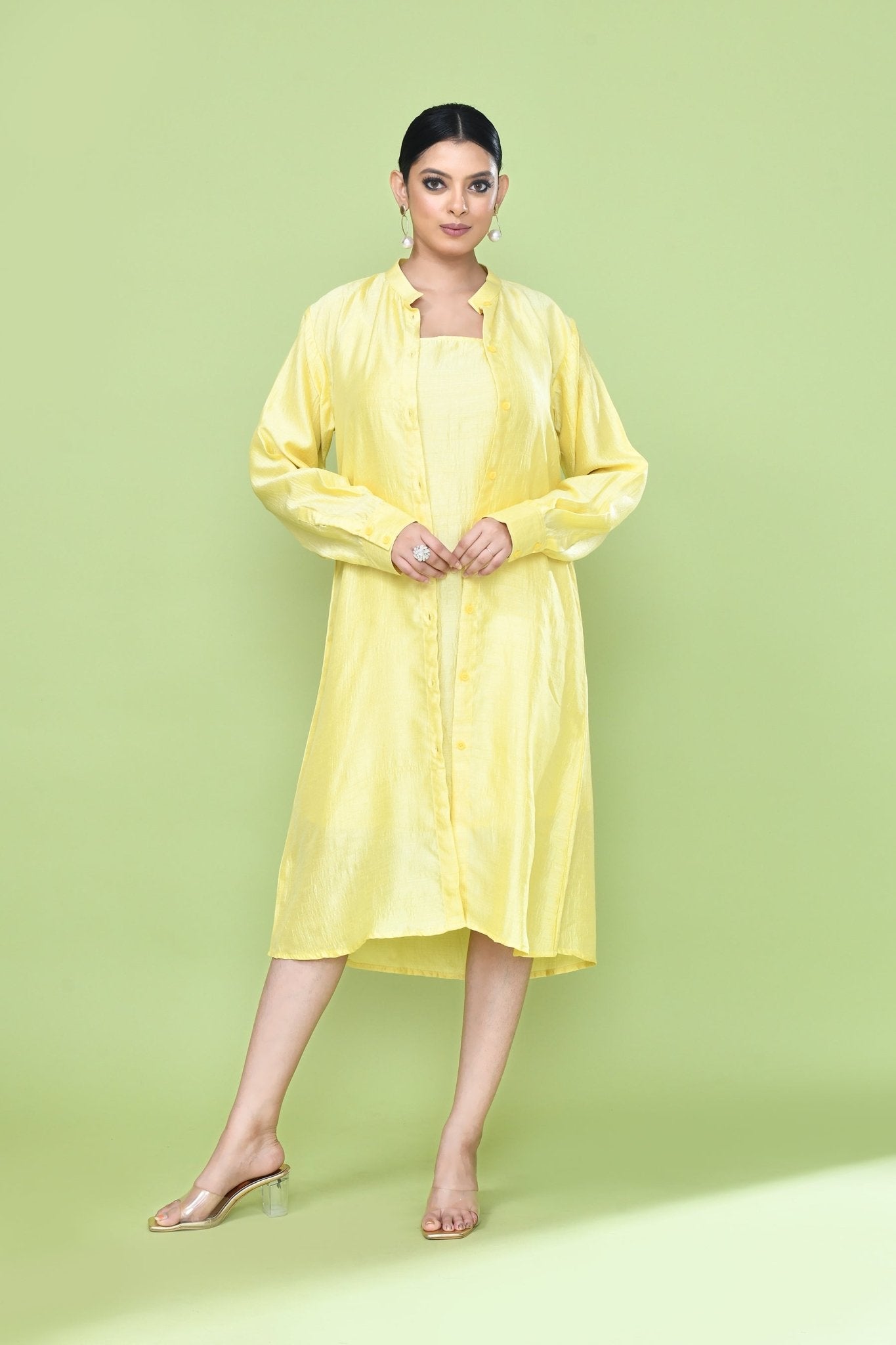Designer Wear Yellow Silk Co - Ord Set Featuring Sleeveless Inner and Long Shirt Jacket - Simaaya