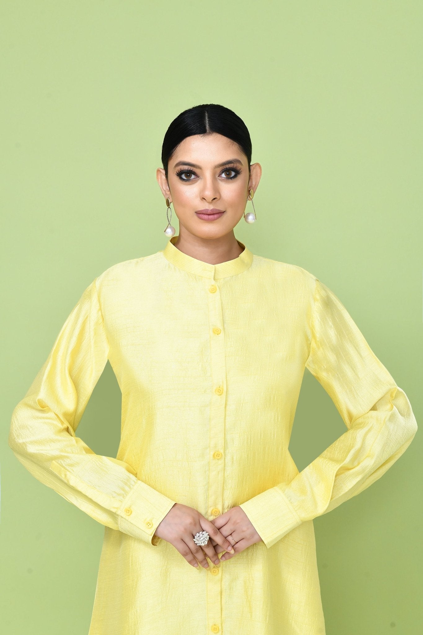 Designer Wear Yellow Silk Co - Ord Set Featuring Sleeveless Inner and Long Shirt Jacket - Simaaya