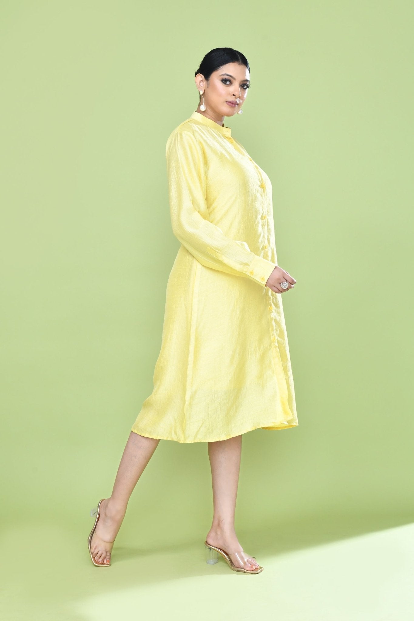 Designer Wear Yellow Silk Co - Ord Set Featuring Sleeveless Inner and Long Shirt Jacket - Simaaya