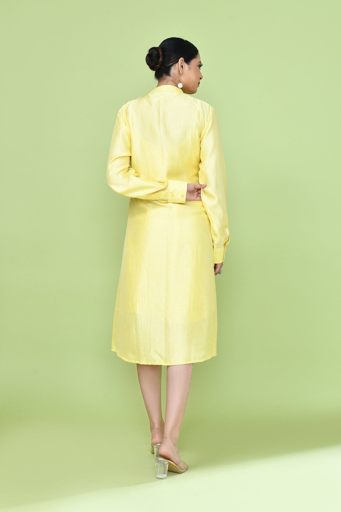 Designer Wear Yellow Silk Co - Ord Set Featuring Sleeveless Inner and Long Shirt Jacket - Simaaya