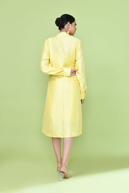 Designer Wear Yellow Silk Co - Ord Set Featuring Sleeveless Inner and Long Shirt Jacket - Simaaya