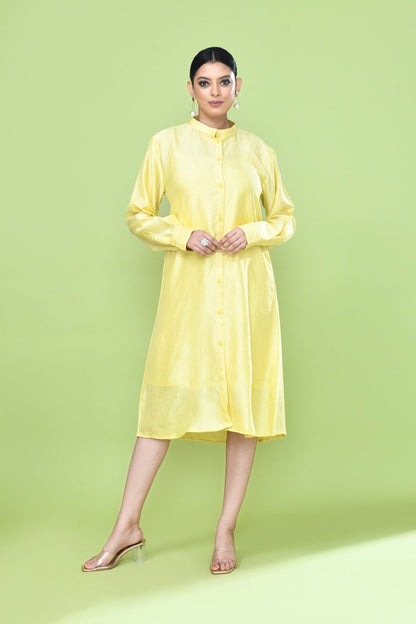 Designer Wear Yellow Silk Co - Ord Set Featuring Sleeveless Inner and Long Shirt Jacket - Simaaya