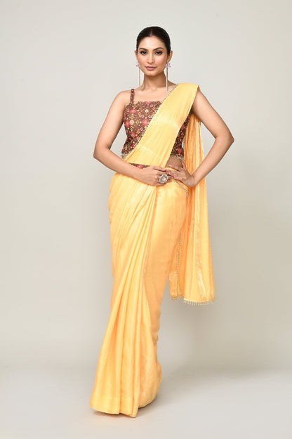 Designer Wear Yellow Simmer Drape Saree - Simaaya