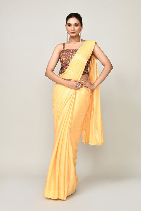 Designer Wear Yellow Simmer Drape Saree - Simaaya