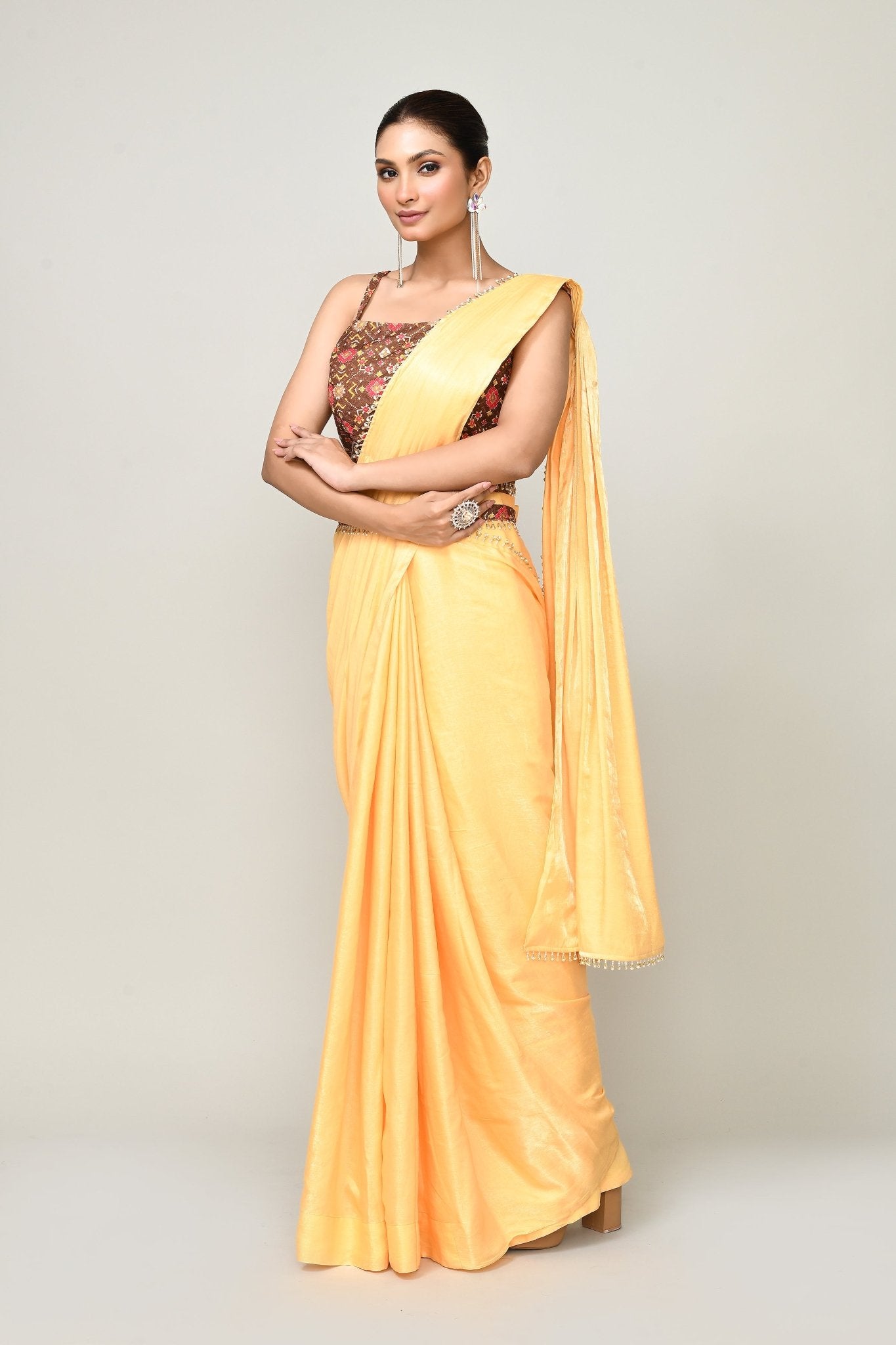 Designer Wear Yellow Simmer Drape Saree - Simaaya