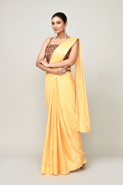 Designer Wear Yellow Simmer Drape Saree - Simaaya