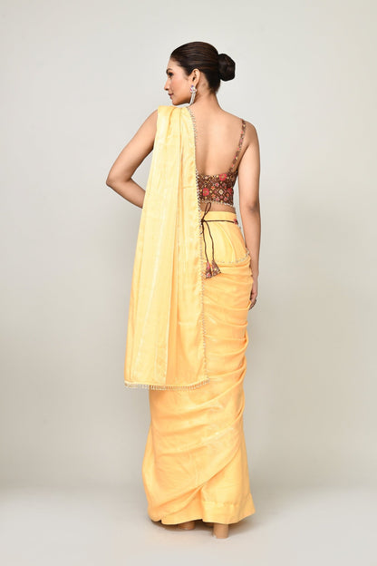 Designer Wear Yellow Simmer Drape Saree - Simaaya