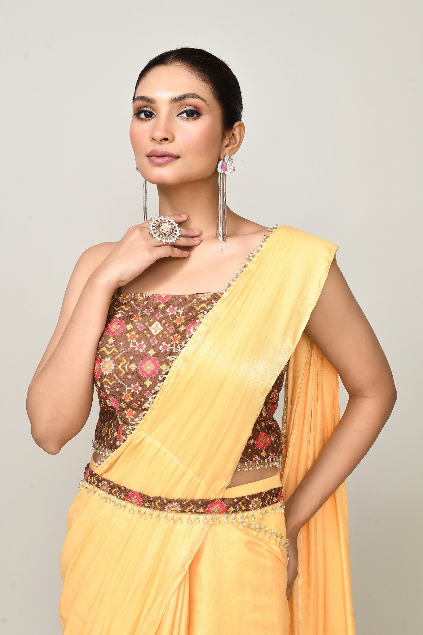 Designer Wear Yellow Simmer Drape Saree - Simaaya