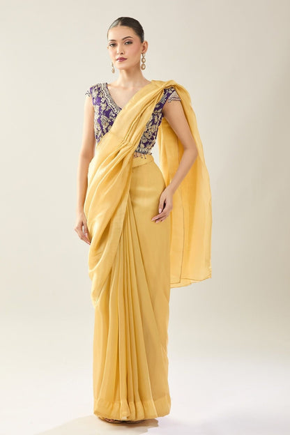 Designer Wear Yellow Tissue Drape Saree - Simaaya