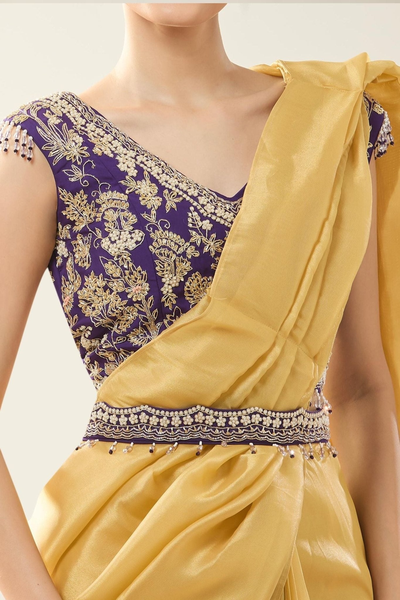 Designer Wear Yellow Tissue Drape Saree - Simaaya
