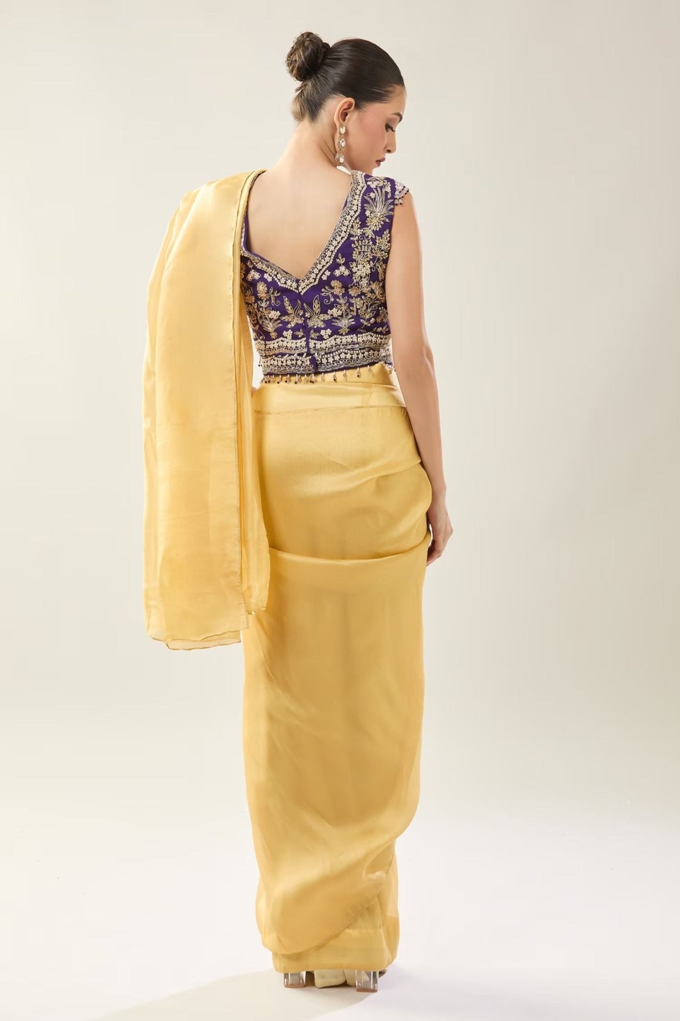 Designer Wear Yellow Tissue Drape Saree - Simaaya
