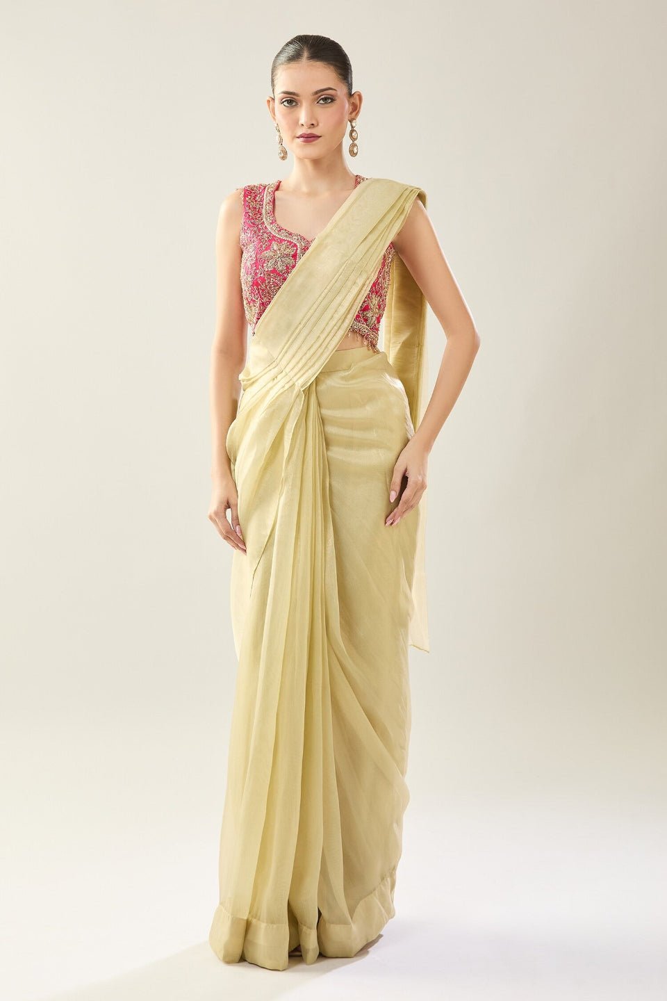 Designer Wear Yellow Tissue Drape Saree - Simaaya