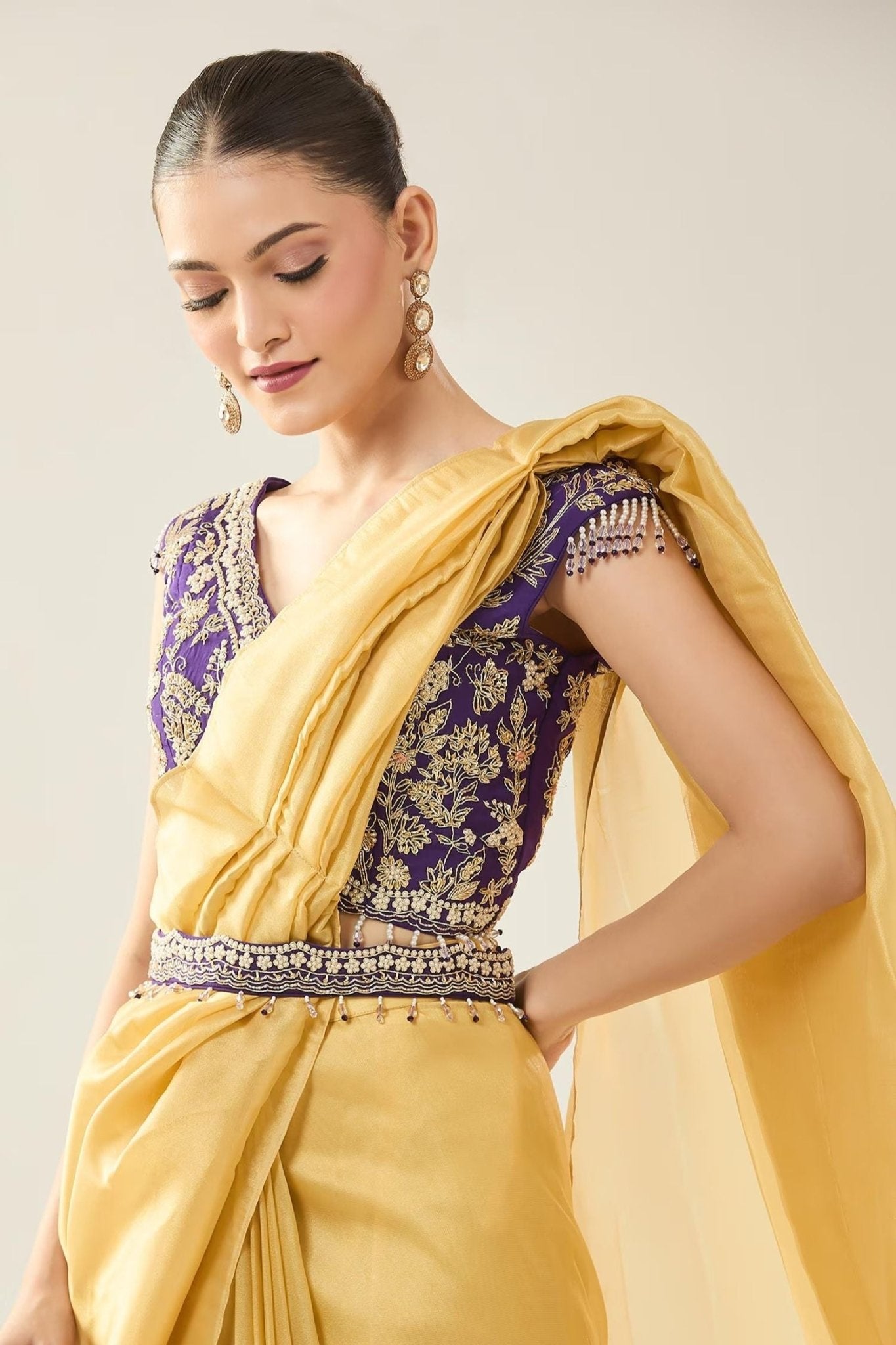 Designer Wear Yellow Tissue Drape Saree - Simaaya
