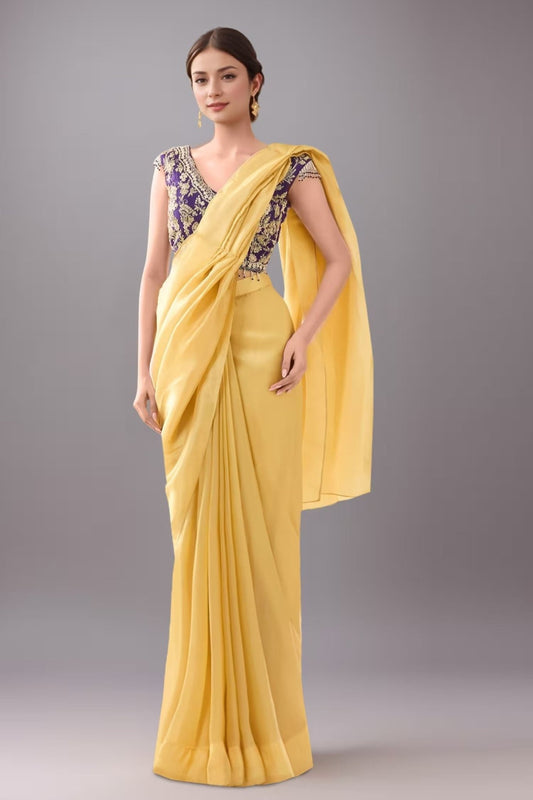 Designer Wear Yellow Tissue Drape Saree - Simaaya